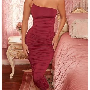 Oh Polly Asymmetric Ruched Midi Dress in Dark Red